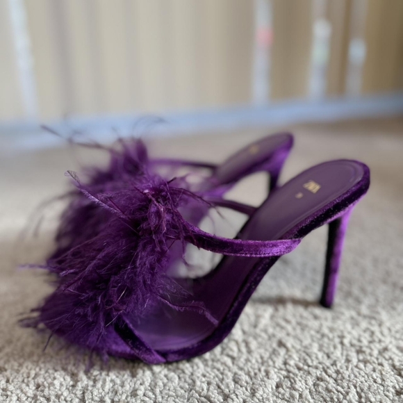 Zara Purple Feather Velvet Round Toe Sandals Heels - Picture 5 of 8